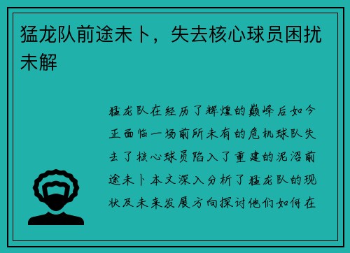 猛龙队前途未卜，失去核心球员困扰未解